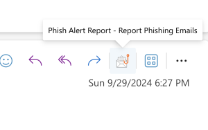 Screenshot of the Phish Alert Report button, accessed via UNF Microsoft Outlook emails.