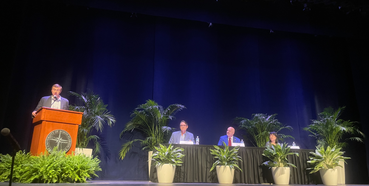 Panelists Cord Byrd, Andrew Spar and Wanzhu Shi (left to right) spoke on Monday, Sept. 16 about social media regulation and national security.