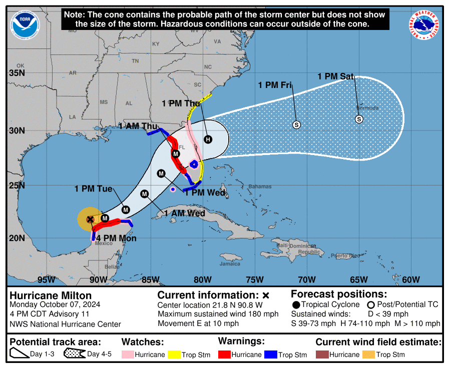 Hurricane Milton records 180 mph winds, less than 700 miles from Tampa