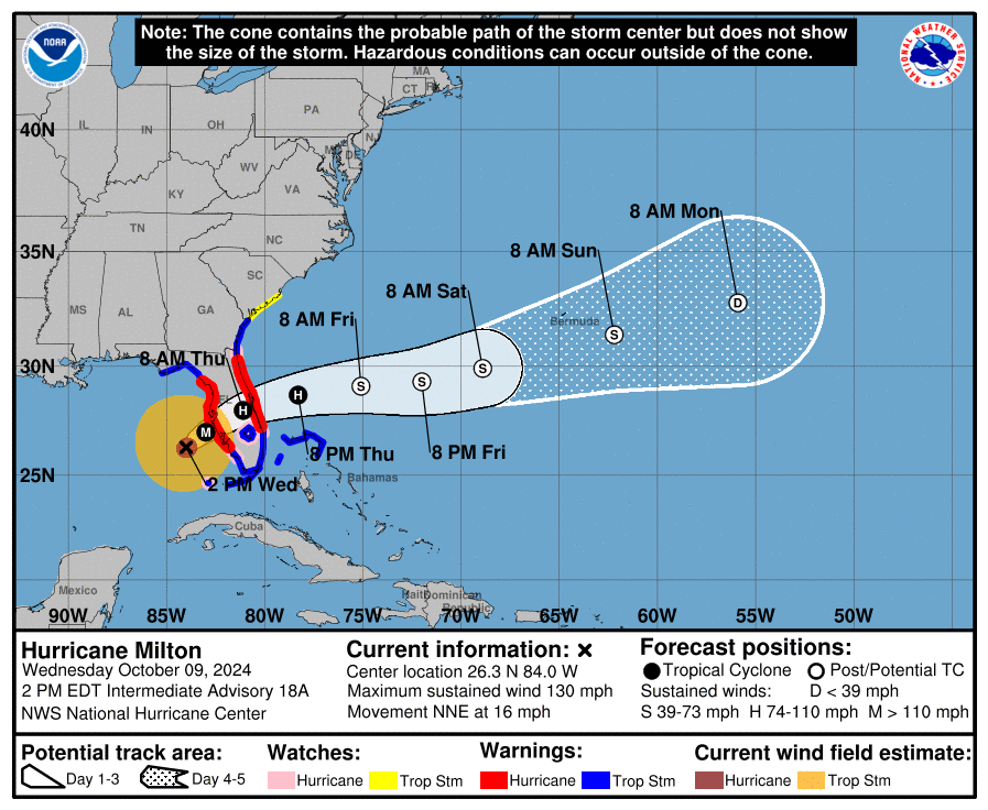 Lates cone map of Hurricane Milton, Oct. 9, 2 p.m. (NWS)