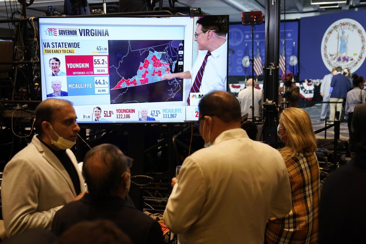 Supporters of Democrat Terry McAuliffe watch vote reports at an election party in McLean, Va., Tuesday, Nov. 2, 2021. (AP Photo/Steve Helber, File)