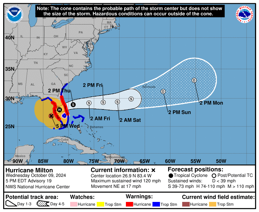 Latest Cone Map of Hurricane Milton, Oct. 9, 5 p.m.