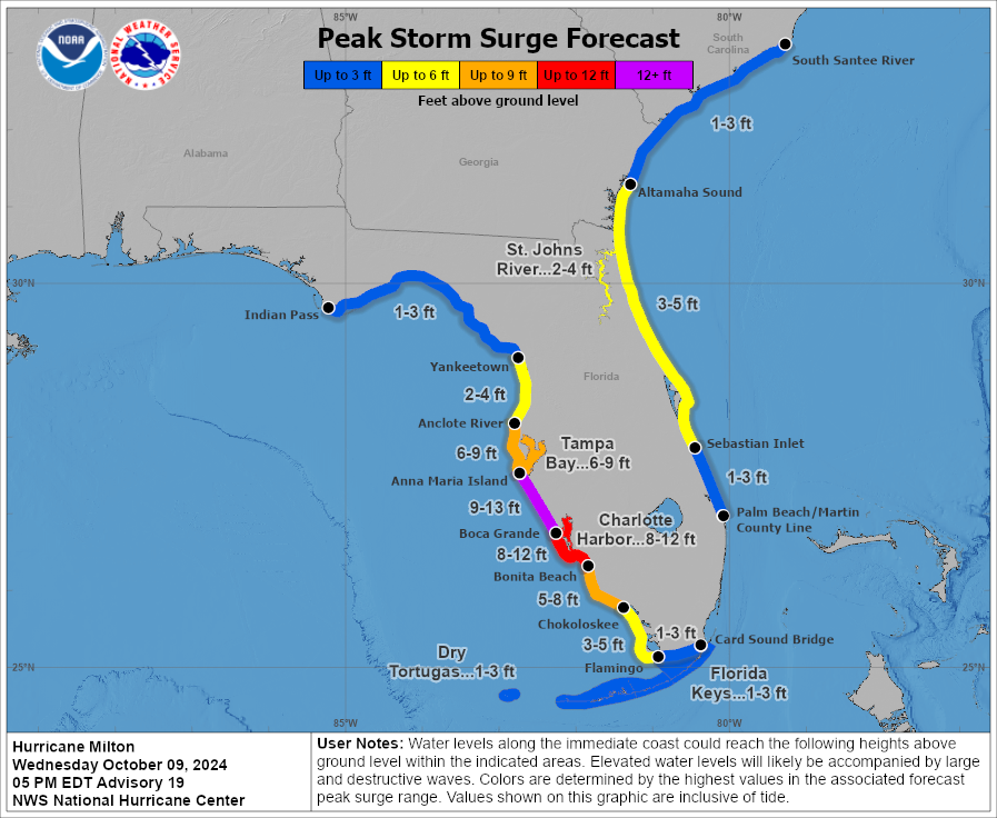 Latest Surge Map of Hurricane Milton, Oct. 9, 5 p.m.