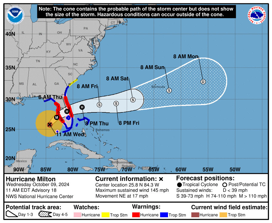 2 p.m. Wednesday cone map of Hurricane Milton. (NWS)