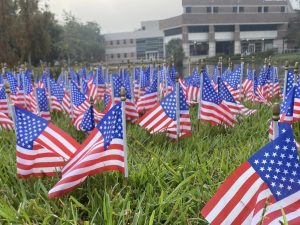 A field of United States flags outside the UNF Student Union.