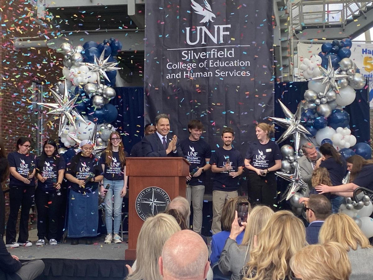 UNF President Moez Limayem announces the renamed Silverfield College of Education and Human Services at the student union, Monday, Jan. 27, 2025