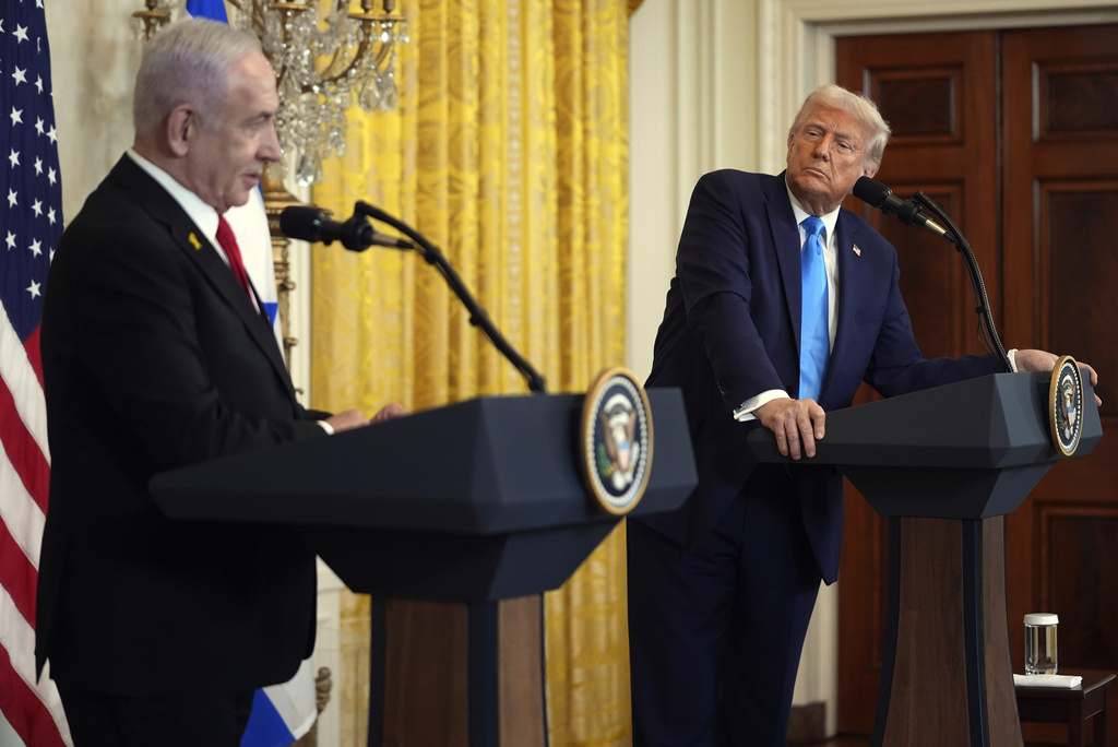 President Donald Trump and Israel's Prime Minister Benjamin Netanyahu speak during a news conference in the East Room of the White House, Tuesday, Feb. 4, 2025, in Washington. (AP Photo/Evan Vucci)