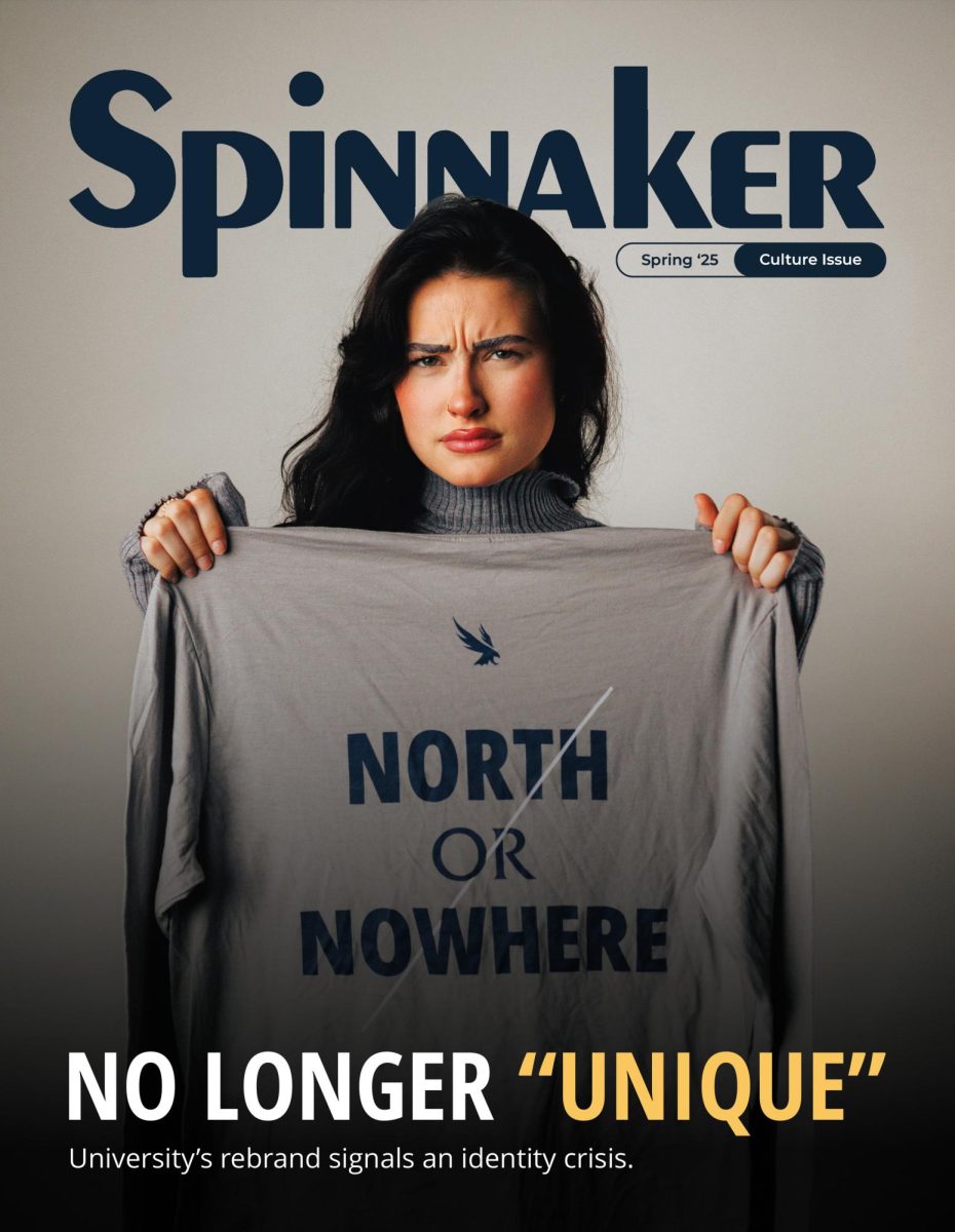 Cover of Spring 2025 Spinnaker Magazine shows girl holding up North or Nowhere t-shirt in disgust