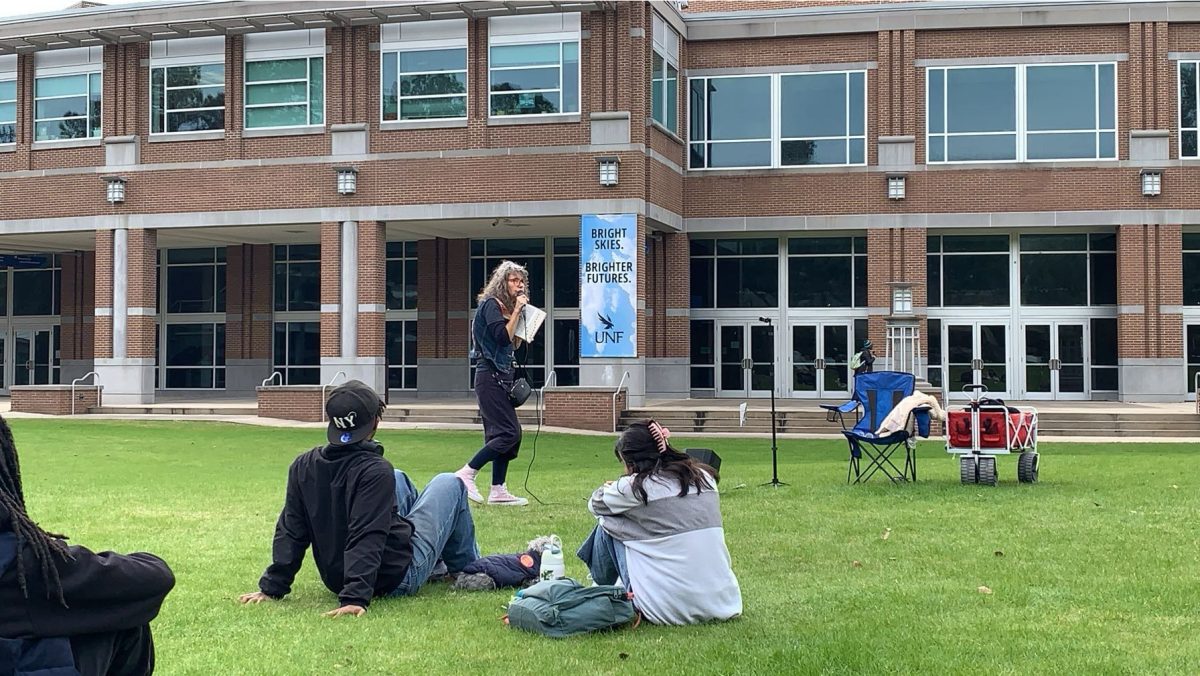 Sister Cindy speaking to students on the UNF Green on Jan. 15, 2025. 