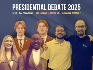 Presidential Debate graphic featuring Amelia Dyal and Vevvy Summerall (Talon Party), Anthony Balsamo and Tommy Mazzella (Soar Party), and Horatio Gilman and Will Raffier (SAM Party).