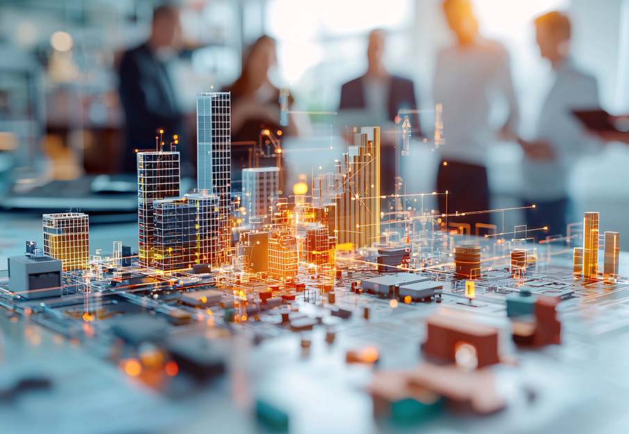 Business professionals planning a digital smart city model with futuristic technology and holographic displays in an office setting (Courtesy of UNF)