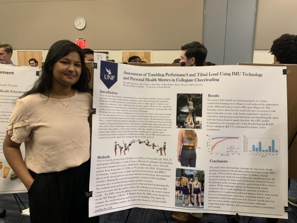 Adiba Hoque stands next to her presentation in a large room, around other students and their projects. She has long, black hair and is wearing a tan shirt with black pants and smiling.