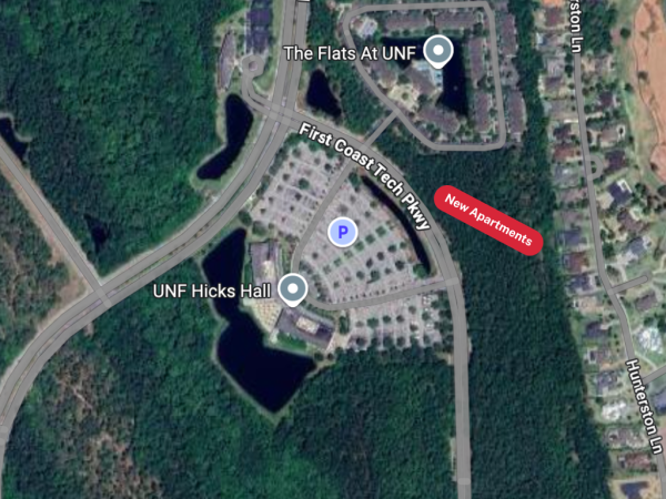 A map of showing where the new UNF apartments will be built.