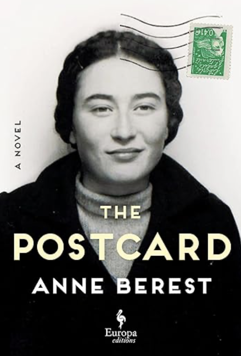 Cover of Anne Berest's The Postcard shows a black-and-white portrait of a woman on a postcard
