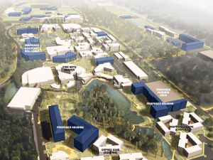 A 3-D rendering of UNF's prospective core campus, looking north.