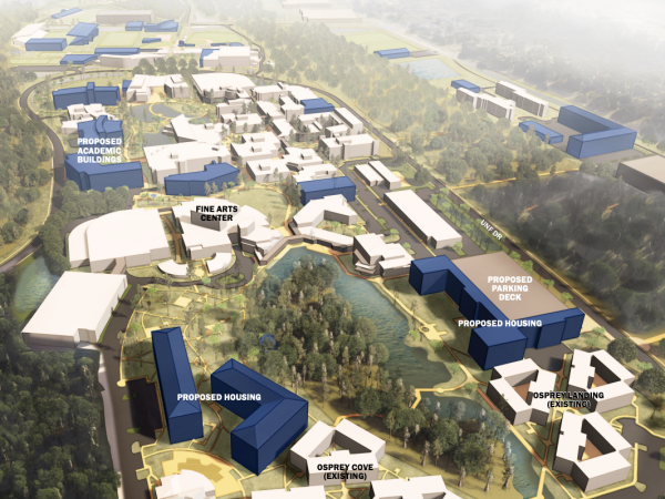 A 3-D rendering of UNF's prospective core campus, looking north.