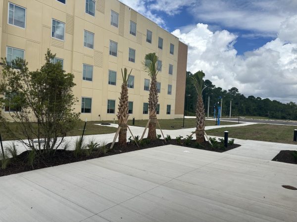 A courtyard with night lighting sits between the building’s two wings, behind the lobby, leading to the pickleball and volleyball courts.