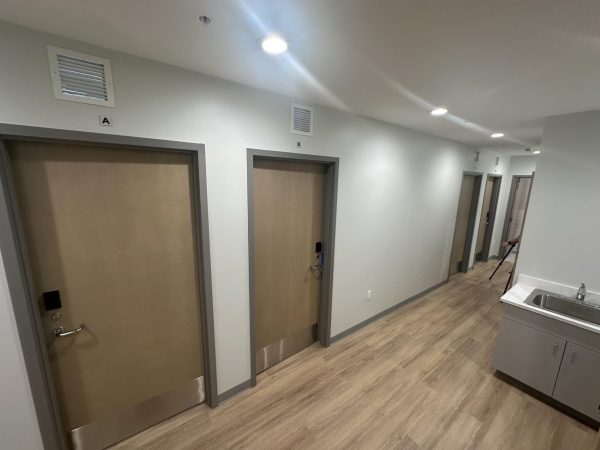 Inside one of the four-bed private suites, four brown doors facing an open common area