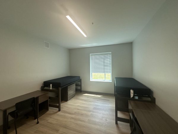 A double occupancy room in Osprey Ridge with two beds, two desks and dressers and one window,