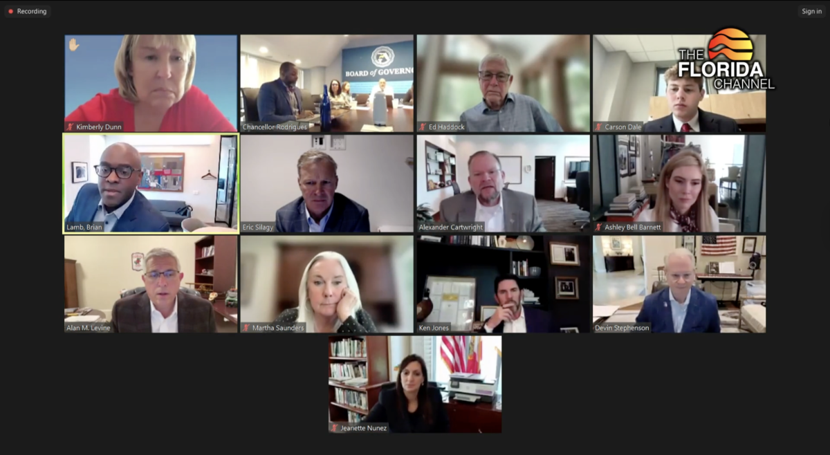 A recording from a Zoom meeting shows the profiles of 13 different board members, dressed in business attire.