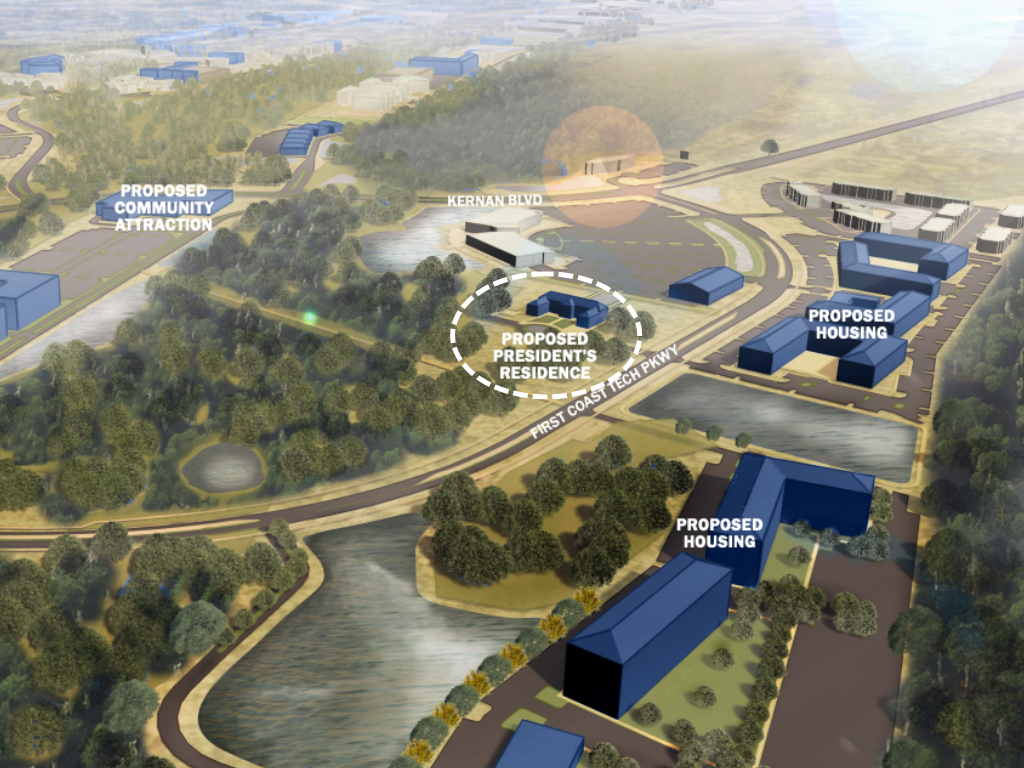 A 3D map rendering of the south end of campus, showing where the possible UNF presidential residence would be located shows the residence behind Hicks Hall on First Coast Tech Pkwy