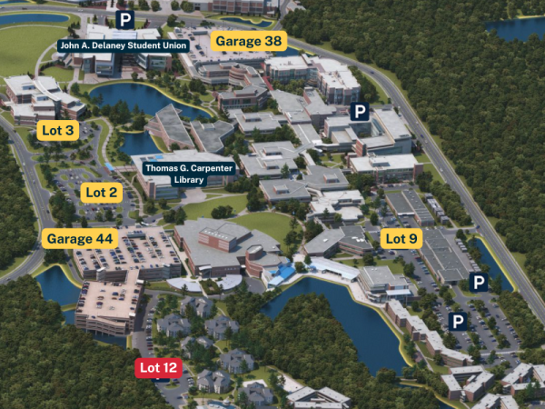 Graphic showing the where Lots, 2, 3, 9, 12 and Garages 44 and 38 are located on a UNF campus map. Visit https://maps.unf.edu/ for an interactive map.