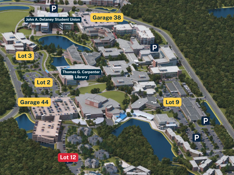 Graphic showing the where Lots, 2, 3, 9, 12 and Garages 44 and 38 are located on a UNF campus map. Visit https://maps.unf.edu/ for an interactive map.