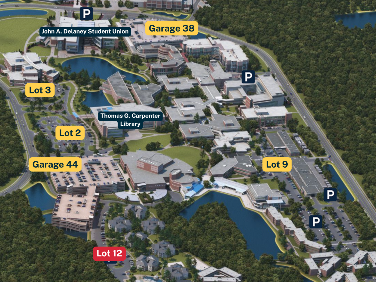 Graphic showing the where Lots, 2, 3, 9, 12 and Garages 44 and 38 are located on a UNF campus map. Visit https://maps.unf.edu/ for an interactive map.