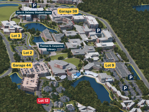 Graphic showing the where Lots, 2, 3, 9, 12 and Garages 44 and 38 are located on a UNF campus map. Visit https://maps.unf.edu/ for an interactive map.