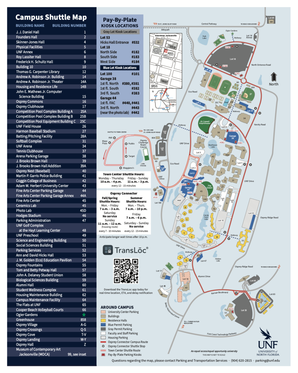 A blue map of UNF's campus, with a key on the left side. <a href="https://www.unf.edu/parking/files/certified.rf.20x25_ShuttleMapPoster.pdf">View full map as PDF</a>