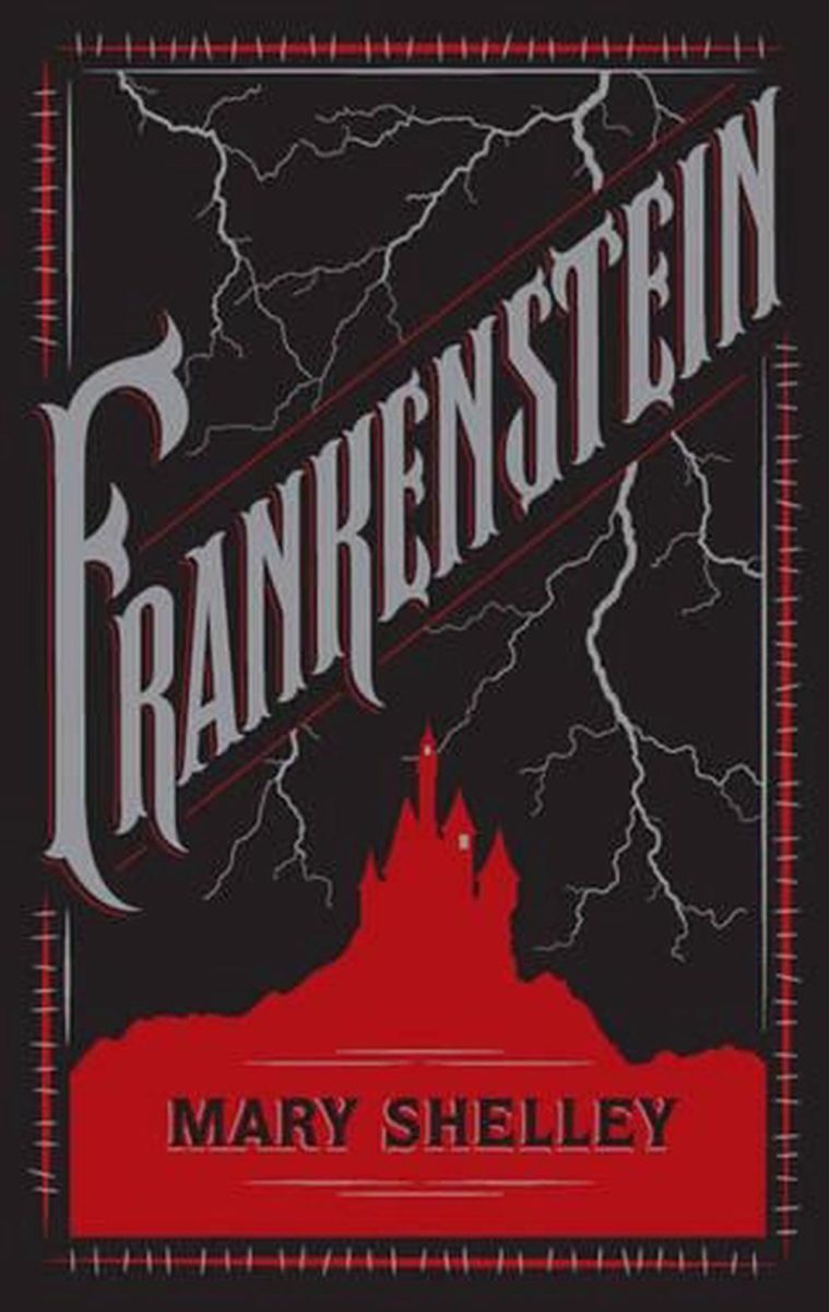 A black and red book cover of Frankenstein by Mary Shelly