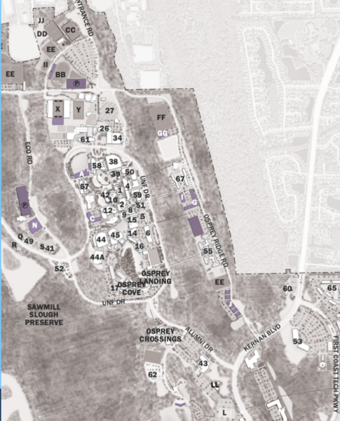 UNF's long term master plan with proposed athletic building and renovation locations.