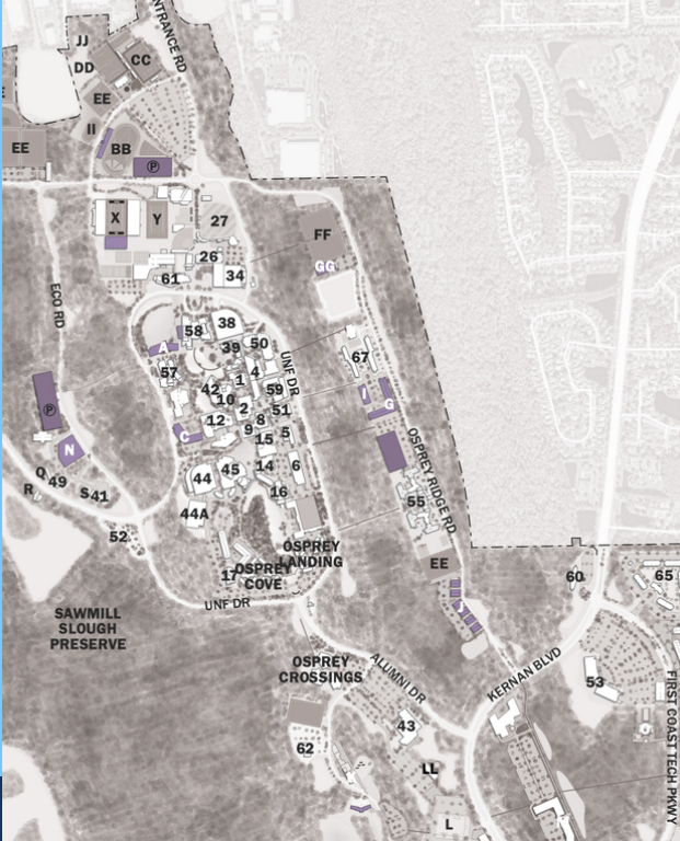 UNF's long term master plan with proposed athletic building and renovation locations. 