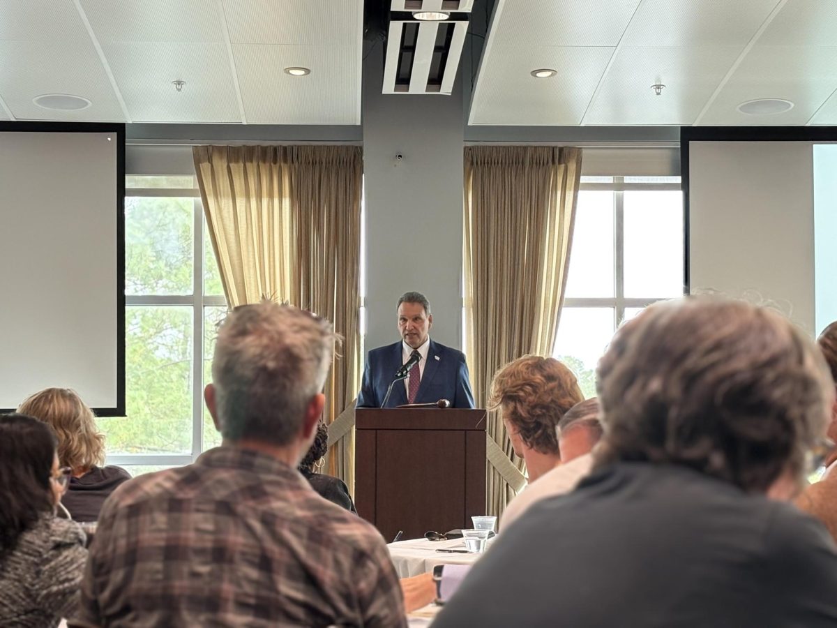 UNF President Moez Limayem speaks to faculty on Oct. 2, 2025, following his announcement that he was the sole finalist for the USF presidency.