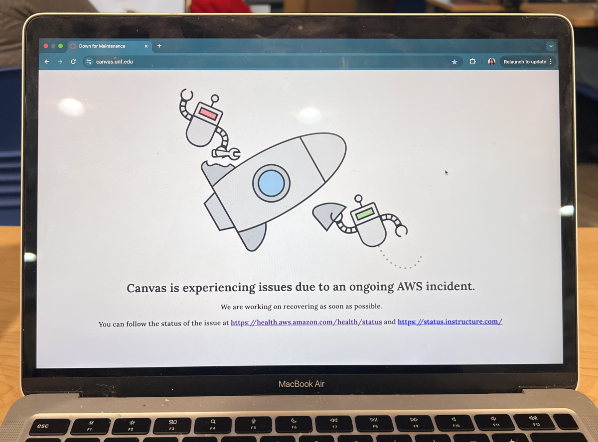 A white screen with a spaceship and robot, with text underneath that reads "Canvas is experiencing issues due to an ongoing AWS incident."