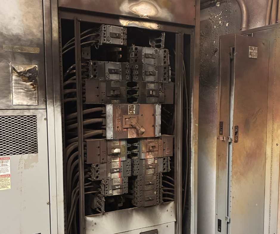 A photo of the charred, failed switchgear panel in Building 50