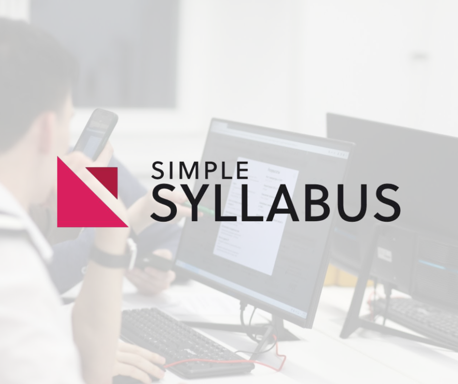 Logo: SIMPLE SYLLABUS, overlayed on image of students working on computers