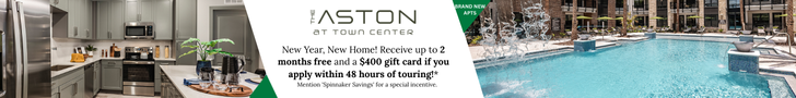 The Aston at Town Center shows off its kitchens on the left and its pool on the right. In the middle is promotional material that says you could receive up to 2 months free and get a $400 gift card if you apply within 48 hours of touring.