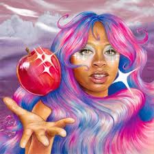 Drawing of a Black woman with blue and pink hair. She's holding a red sparkling apple outstretched in front of her.