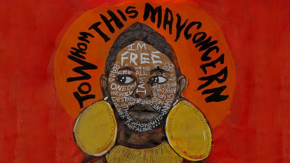 Drawing of a Black woman with large gold earrings and a red background.