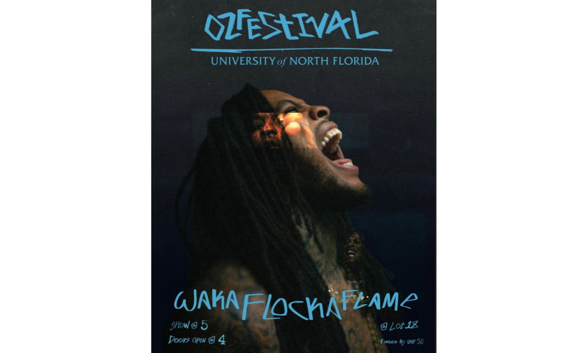 Grey poster with a Black man with long dreads. The top of the poster reads "Ozfestival." The bottom of the poster reads "Waka Flocka Flame."
