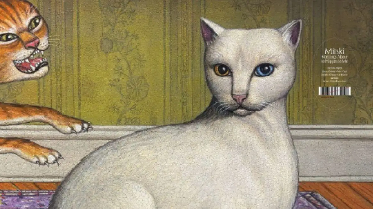 A drawing of a white cat and an angry orange cat jumping from the left side of the art. The wall is green and the carpet is purple.