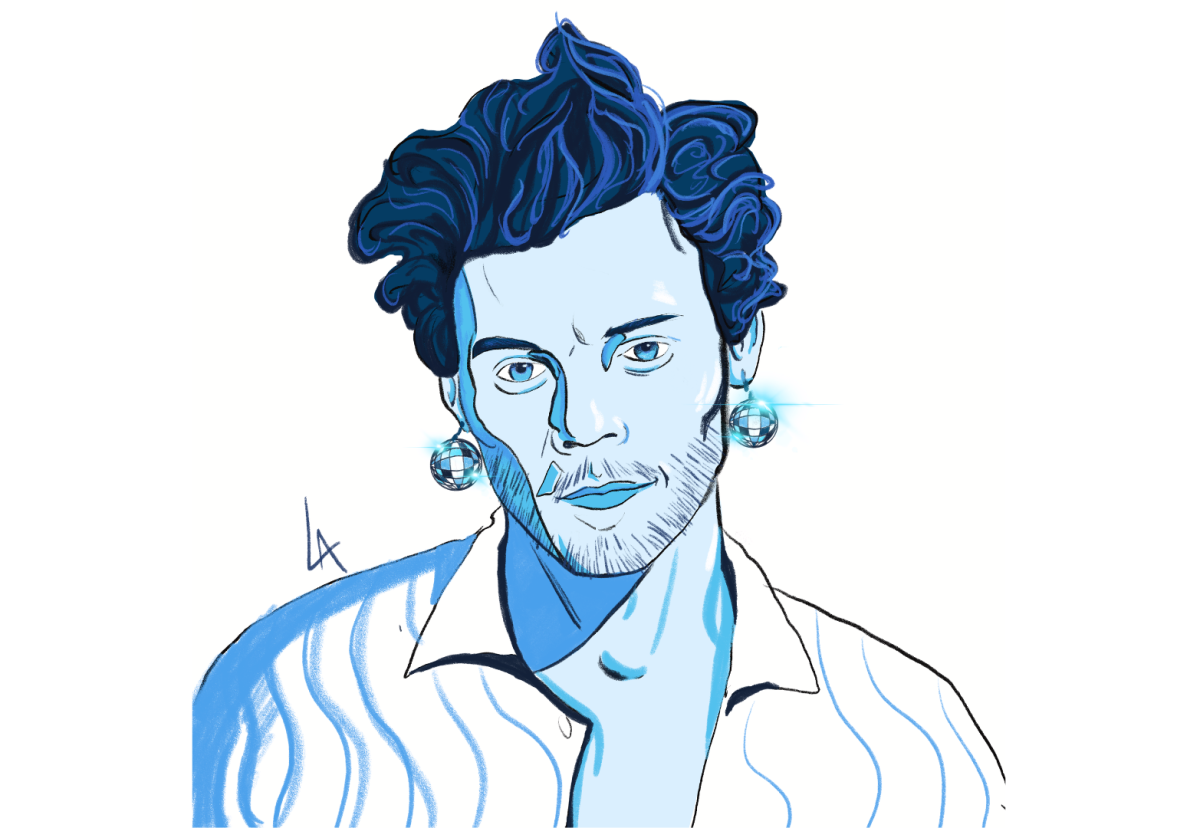 Portrait of Harry Styles with disco earrings in all blue tones.