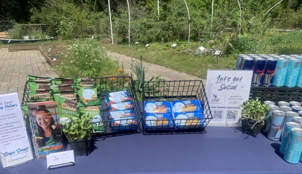 BLUE TABLE WITH SNACKS.