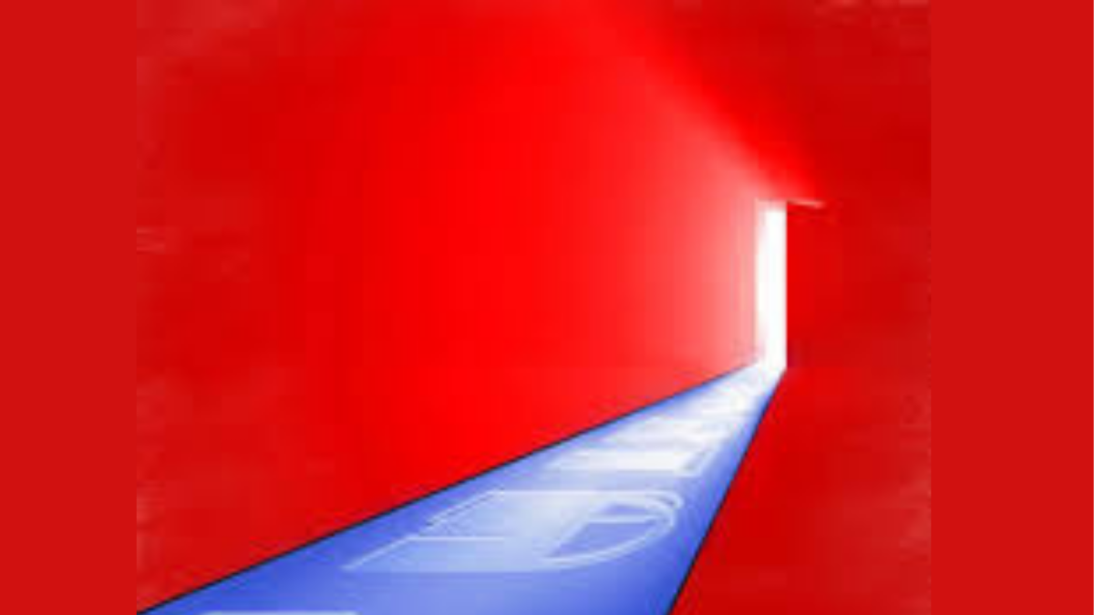 Blue walkway to lighten up door way, set against a red background.