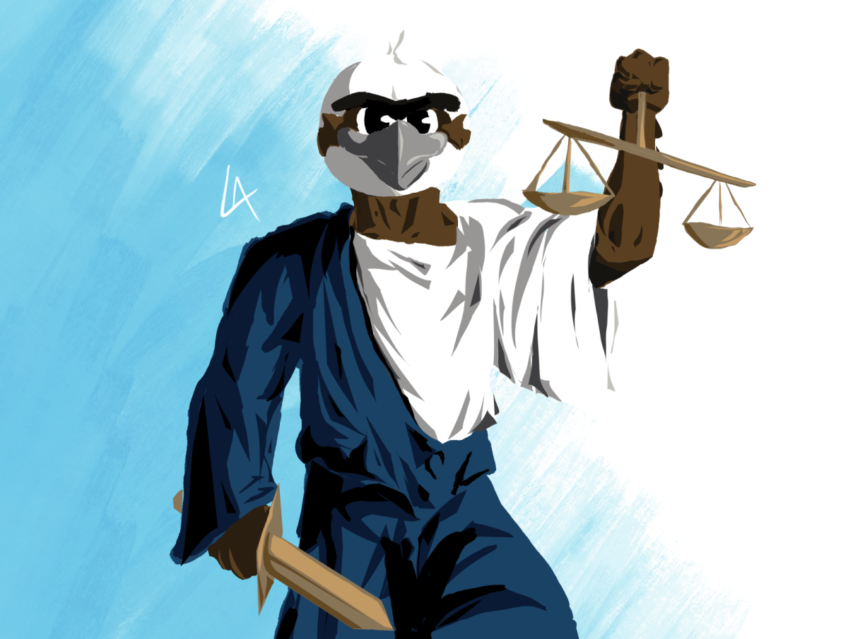 Drawing of personified osprey holding a balance and a sword.