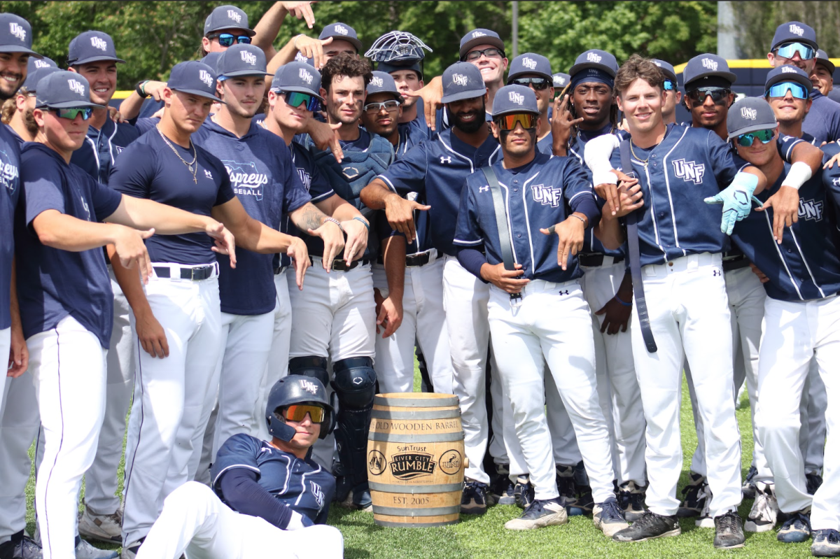 The North Florida Ospreys celebrate as UNF makes its third consecutive Rivercity Rumble victory.