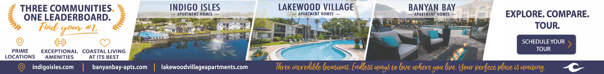 Digital Ad for Aspen properties; shows apartments next to a pool.
