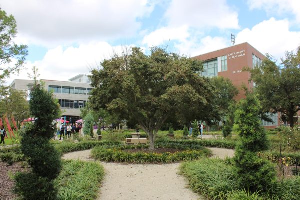 Big luscious green tree sits in the middle of garden. Brick building sits in background