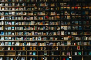 A tall and wide bookshelf across the entire frame with colorful books displayed on every shelf